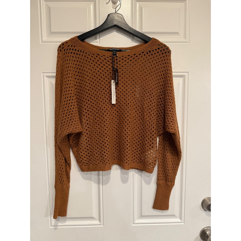 Express Womens Rust Brown Open Knit Dolman Sleeve Cropped Sweater Size S New